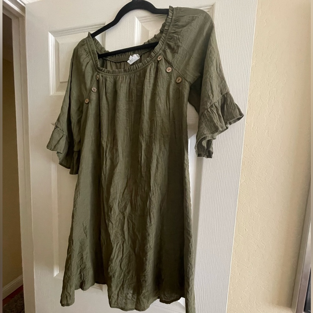 Naif Anthropologie Dress Petite Small 3/4 Sleeve Pullover Midi Olive Green Crepe